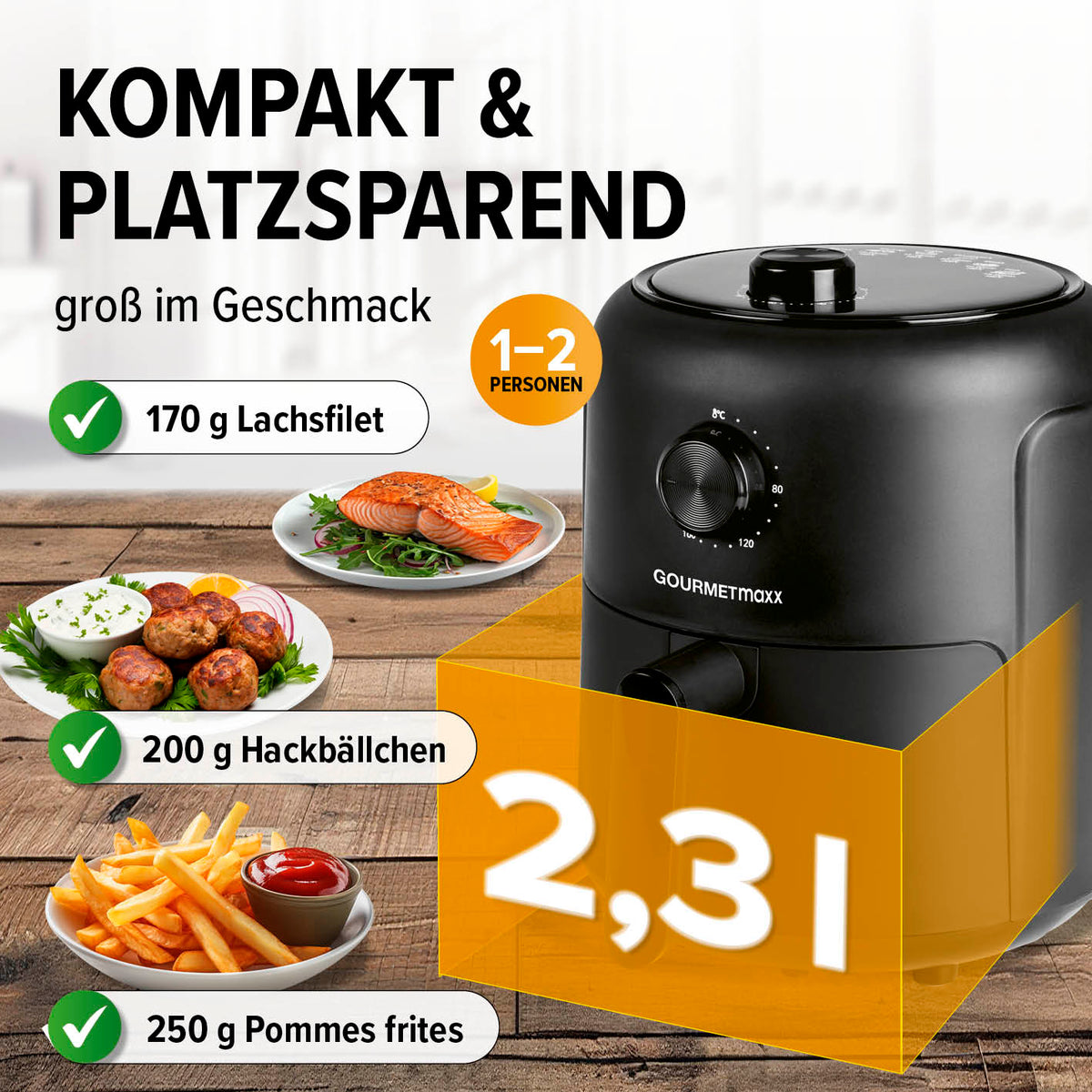 Heißluftfritteuse - 2,3 l für 1–2 Personen mit 1000 W, 360°-Luftzirkulation und platzsparendem Design.