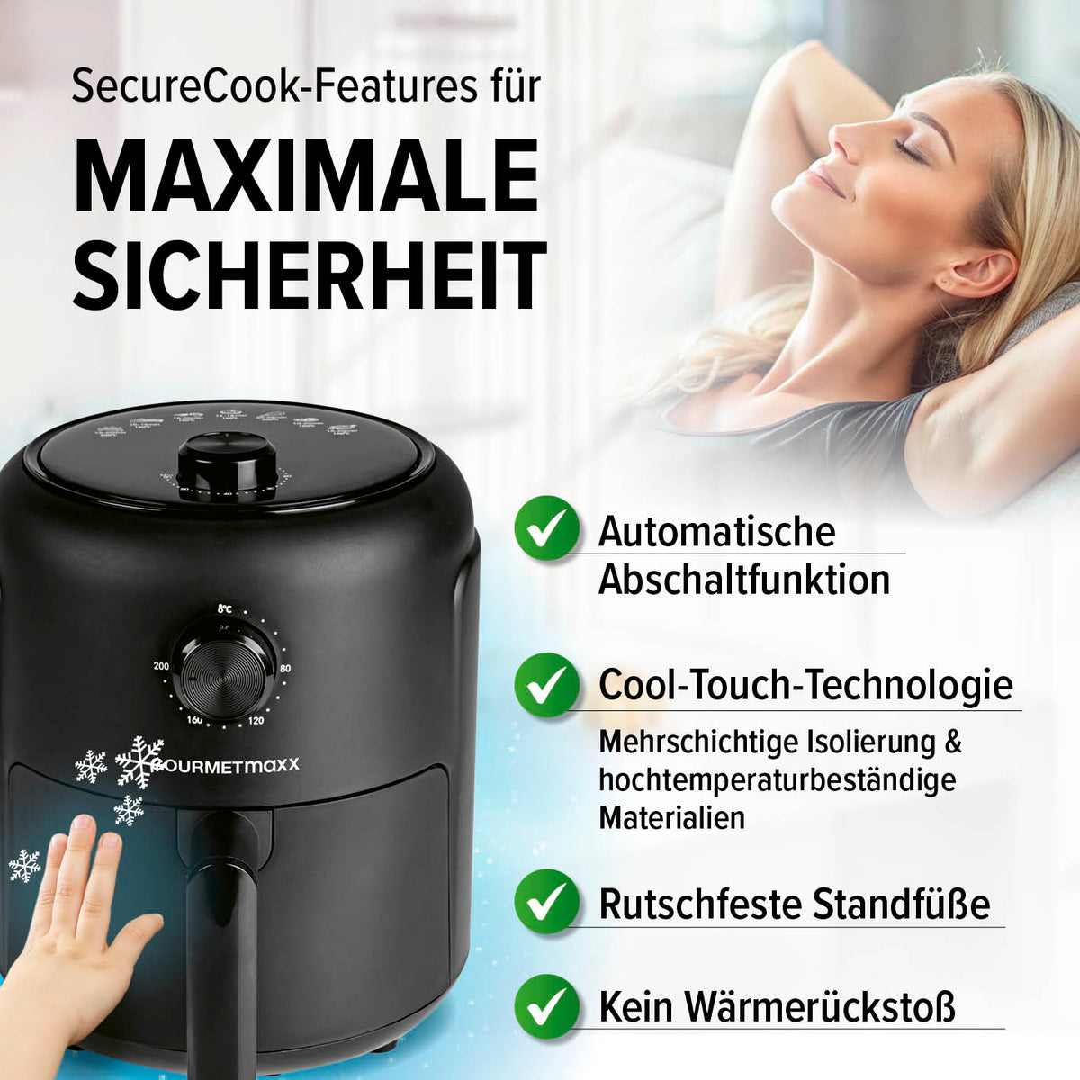 Heißluftfritteuse - 2,3 l mit automatischer Abschaltung, Cool-Touch-Technologie und rutschfesten Standfüßen für maximale Sicherheit.