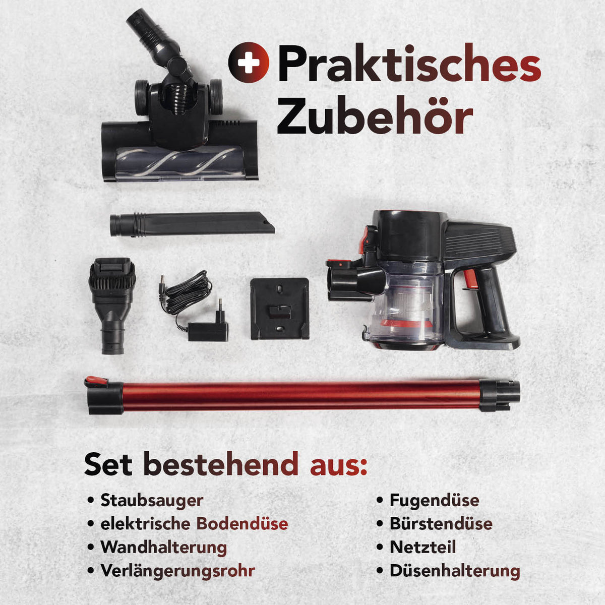 Akku-Zyklon-Staubsauger mit elektr. Bodendüse und praktischem Zubehör inklusive Verlängerungsrohr und Wandhalterung.