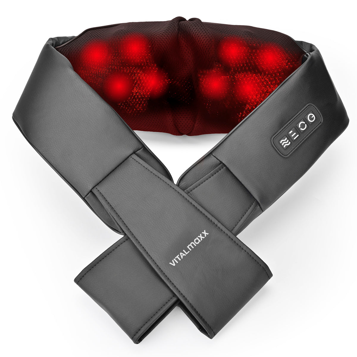 Shiatsu-Massagegerät mit 8 Massagebällen, ergonomisch geformt mit Wärmefunktion und benutzerfreundlicher Steuerung in dunklem Design.