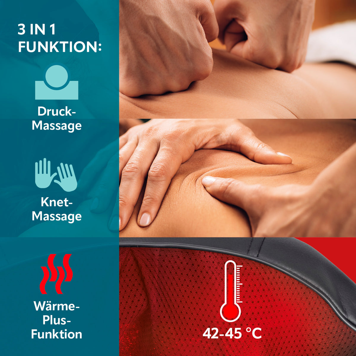 Shiatsu-Massagegerät mit 8 Massagebällen zeigt Druck- und Knetmassage kombiniert mit Wärmefunktion für entspannende Anwendung bei 42-45 °C.