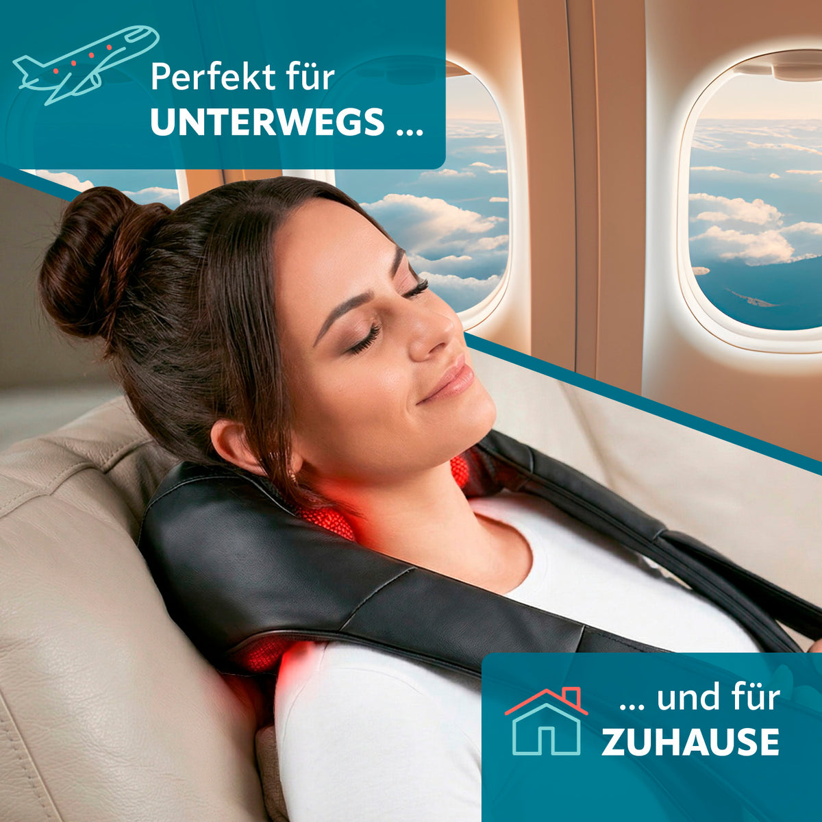 Frau entspannt im Flugzeug mit dem Shiatsu-Massagegerät mit 8 Massagebällen für mobilen und häuslichen Komfort.