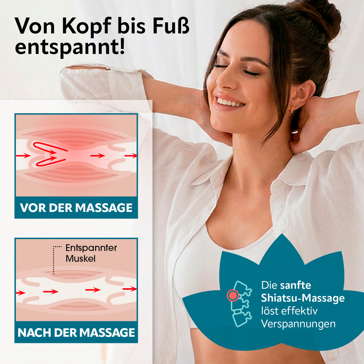 Frau entspannt nach Anwendung des Shiatsu-Massagegeräts mit 8 Massagebällen, das sanft Verspannungen löst und Muskeln lockert.