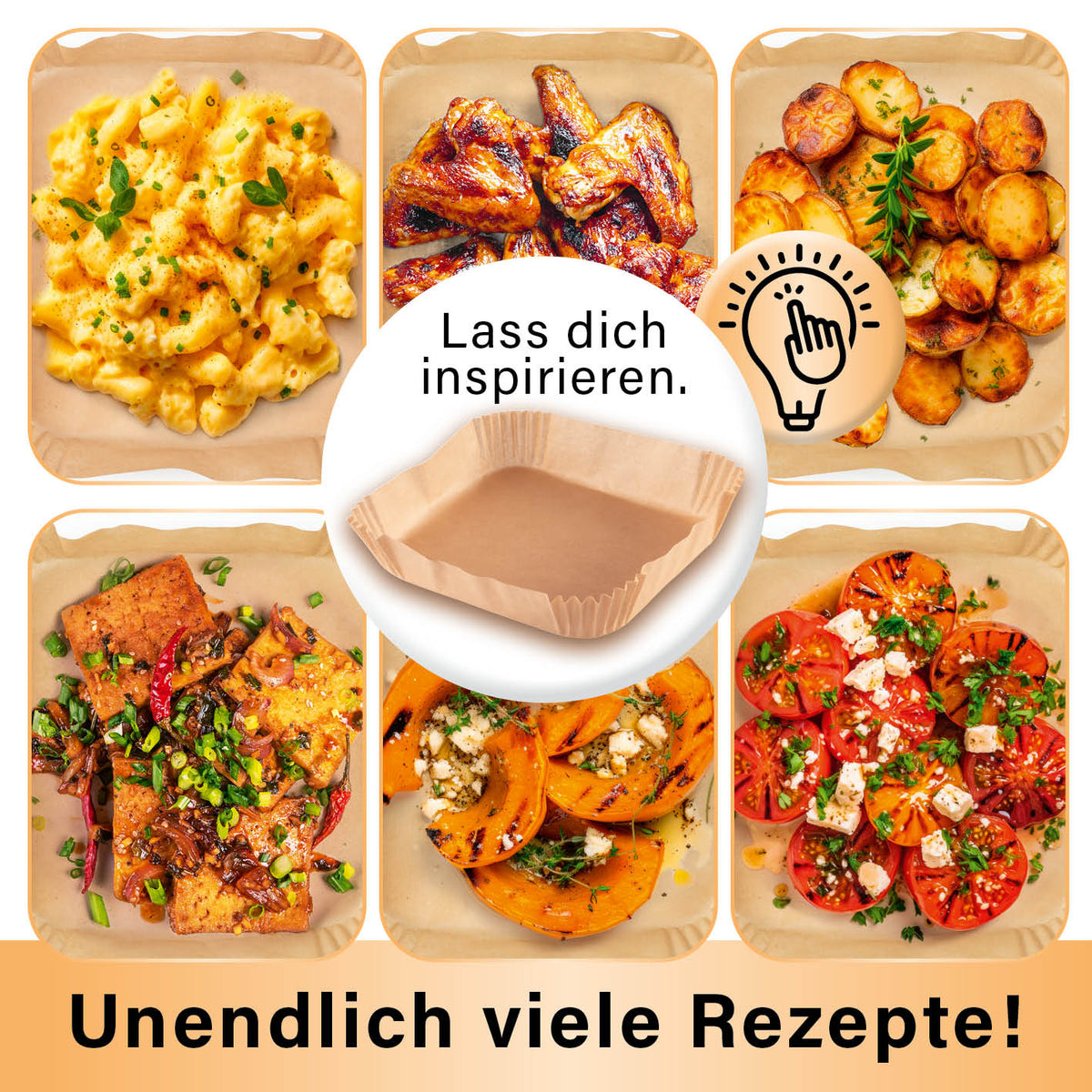 Backpapier-Schalen für Heißluft-Fritteusen - 200er-Set - 23 x 23 x 4,5 cm mit Rezeptideen