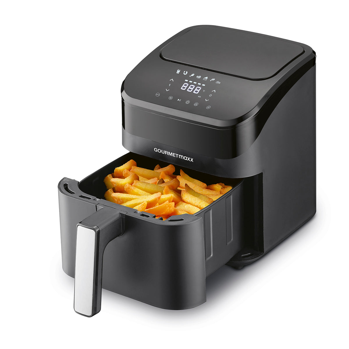 GOURMETmaxx Heißluft-Fritteuse Digital 4l 1400W schwarz mit geöffnetem Korb voller frisch zubereiteter, knuspriger Pommes frites.