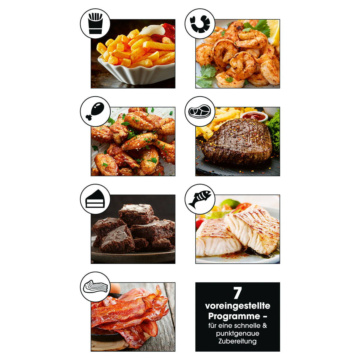 GOURMETmaxx Heißluft-Fritteuse Digital 4l 1400W schwarz zeigt vielfältige Speisen mit sieben voreingestellten Kochprogrammen für schnelle Zubereitung.