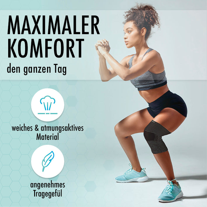 Sportliche Frau trägt Knie-Bandage mit Kupferfasern und Carbon, die hohen Tragekomfort und atmungsaktives Material bietet.