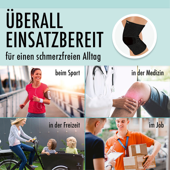 Knie-Bandage mit Kupferfasern und Carbon sorgt für unterstützende Stabilität und Schmerzfreiheit bei Sport, Freizeit, Beruf und medizinischen Anwendungen.