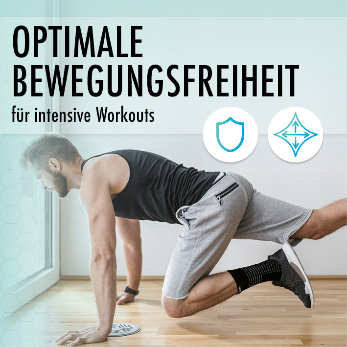 Mann trainiert dynamisch mit Knöchel-Bandage mit Kupferfasern & Carbon, die Schutz und volle Beweglichkeit bietet.