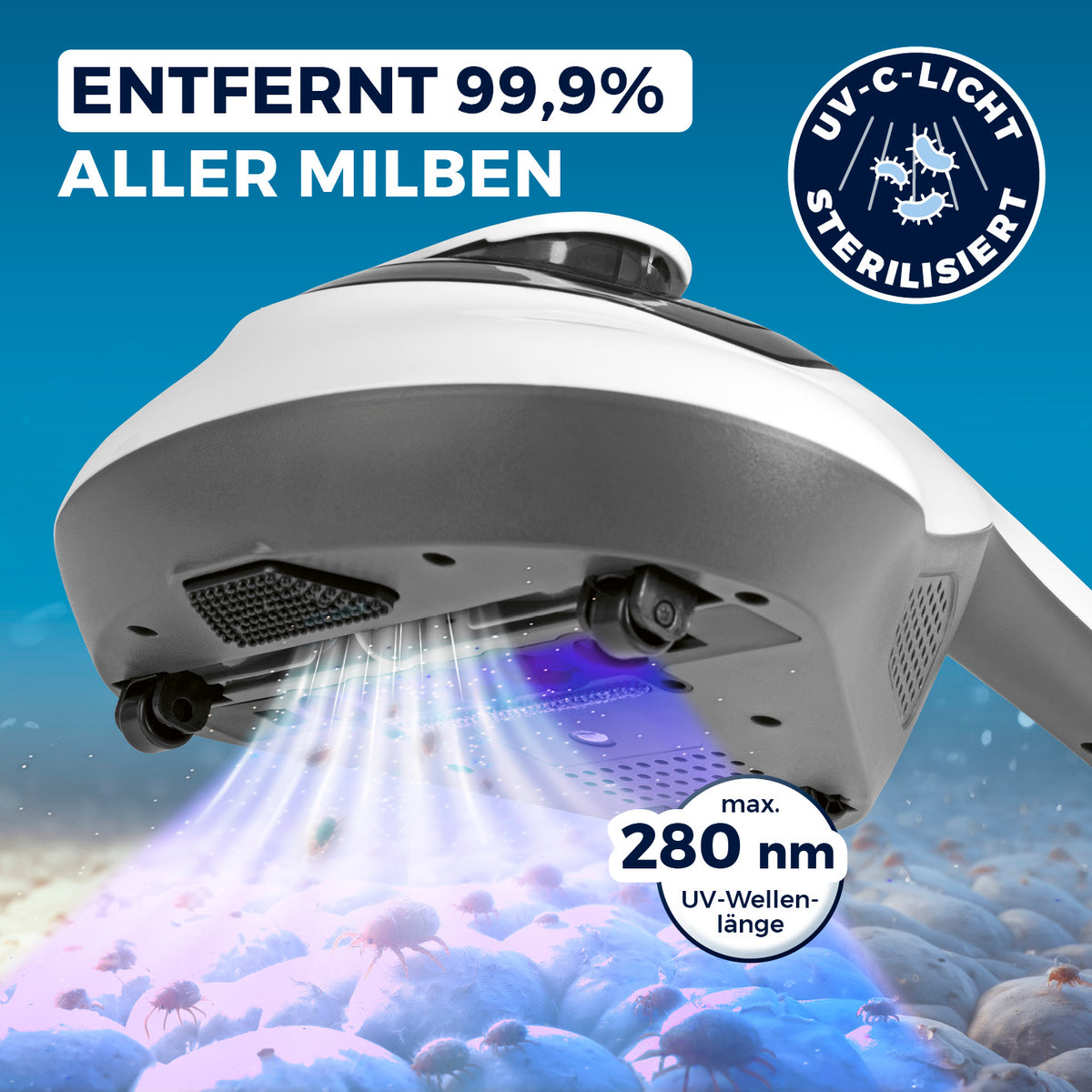 Milbensauger Vibration entfernt 99,9 % Milben mit UV-C-Licht und 280 nm Wellenlänge für hygienische Textilreinigung.