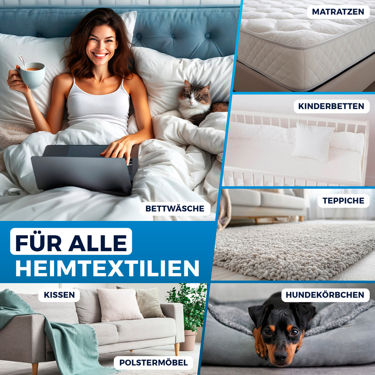Milbensauger Vibration entfernt zuverlässig Milben und Allergene von Matratzen, Bettwäsche, Teppichen, Kissen und mehr.