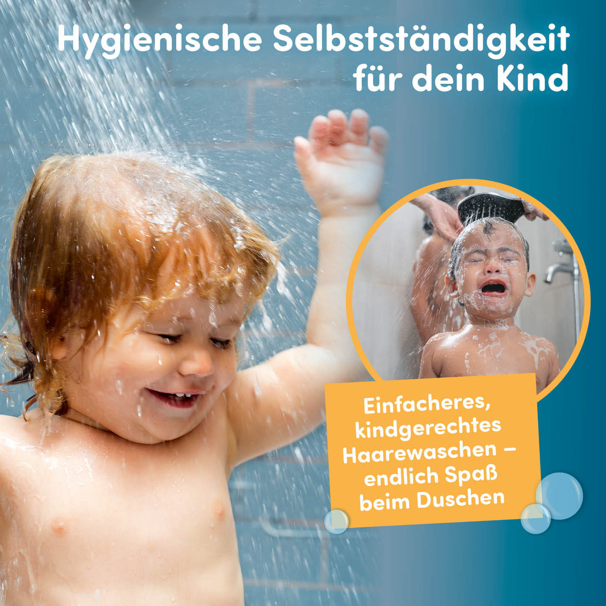 Kinderdusche Meerjungfrau zeigt fröhliches Kind beim Duschen für einfache, spielerische und selbstständige Hygiene mit kindgerechtem Design.