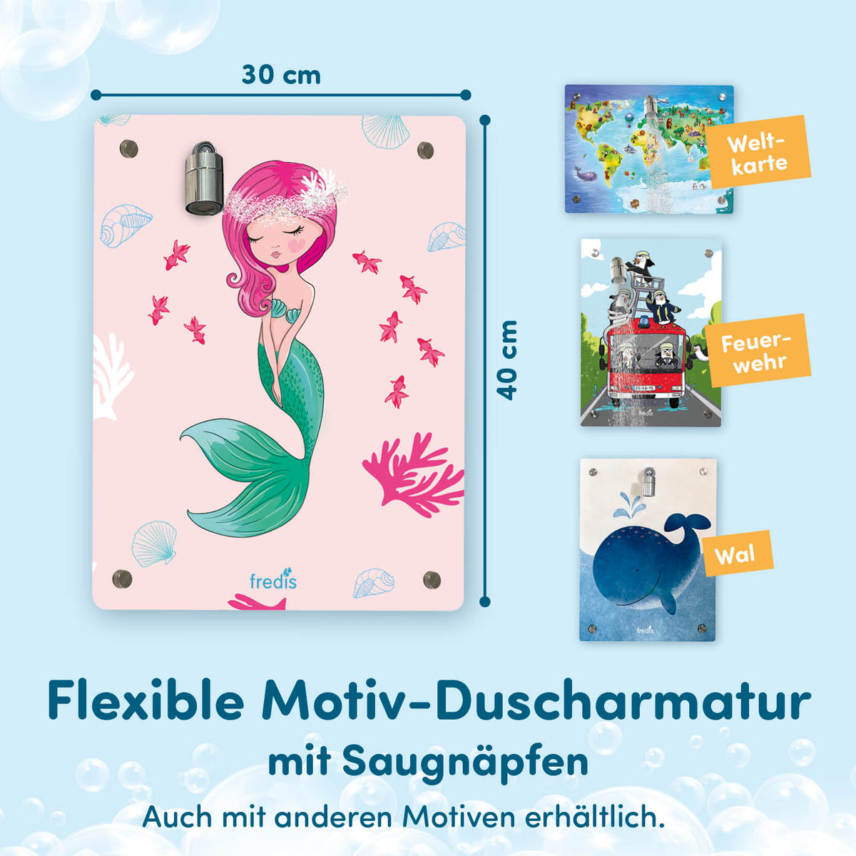 Kinderdusche Meerjungfrau von fredis, Motiv-Duscharmatur mit Saugnäpfen für selbstständiges Duschen bei Kindern.
