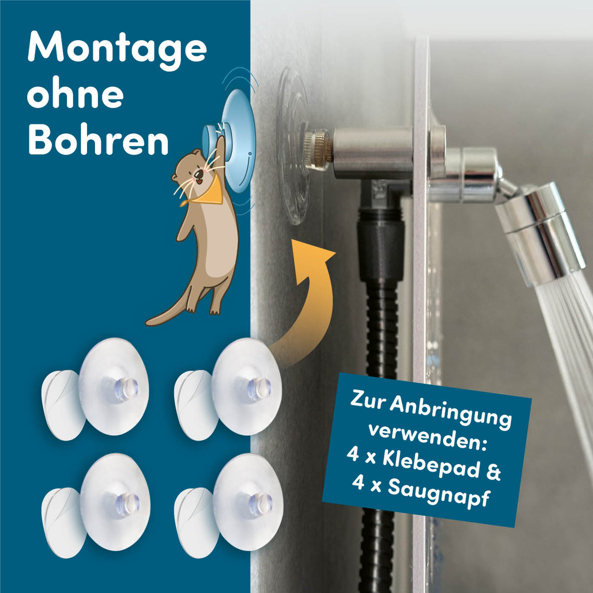 Kinderdusche Welt Montage ohne Bohren mit Saugnäpfen und Klebepads für einfache und flexible Befestigung der Kinderdusche.