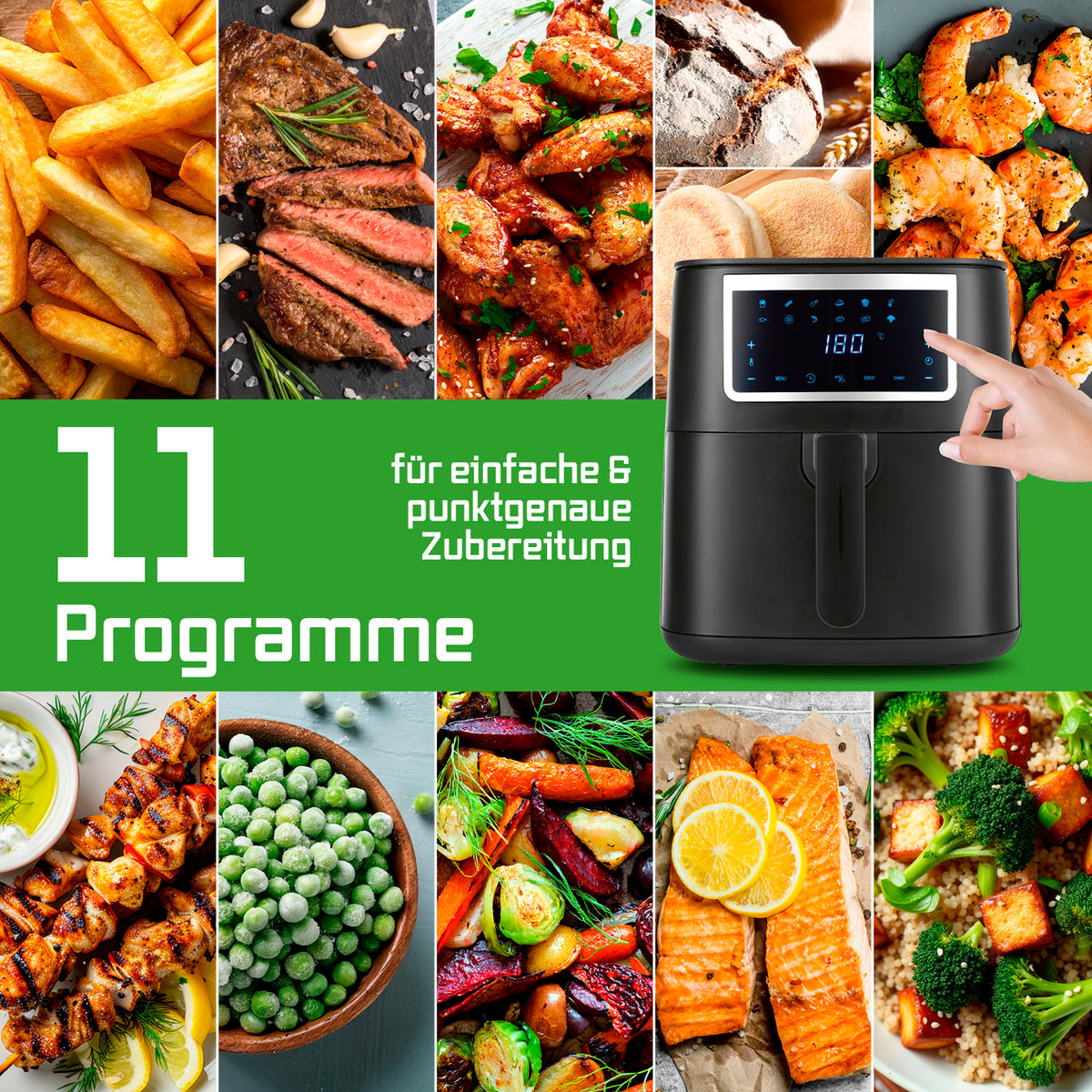 Heißluftfritteuse - 6,5 l mit 11 Programmen für fettarmes, punktgenaues Frittieren und vielseitige Zubereitung bei 200 Grad.