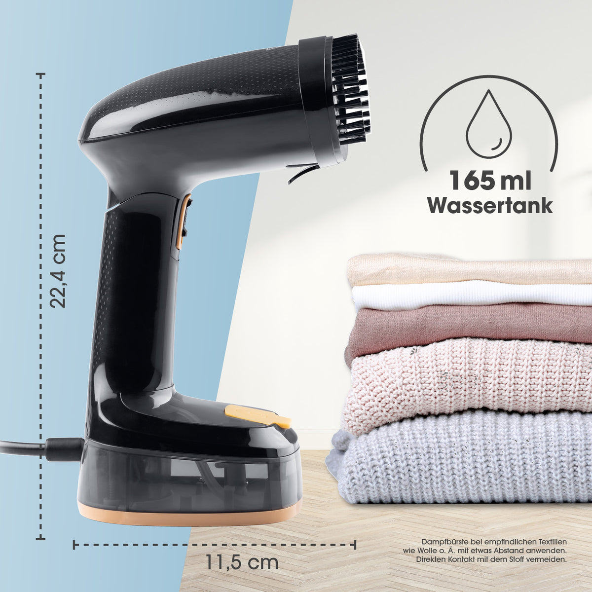 Dampfbürste mit 165 ml Wassertank, kompakt, faltbar, ideal zum Auffrischen und Glätten von Kleidung verschiedener Materialien.