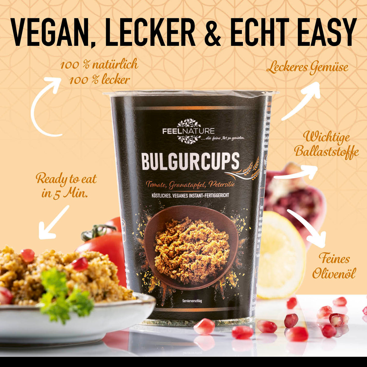 Bulgurcups - Kisir mit Tomate, Granatapfel & Petersilie, vegan, lecker, ballaststoffreich, schnelle Zubereitung, natürliche Zutaten.