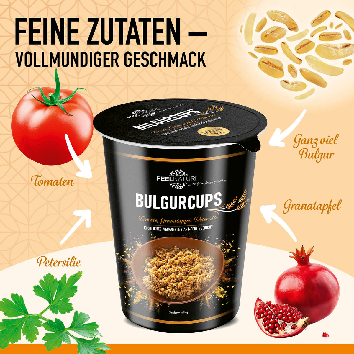 Bulgurcups - Kisir mit Tomate, Granatapfel, Petersilie und nussigem Bulgur für vollmundigen Geschmack und vegane Genussmomente.