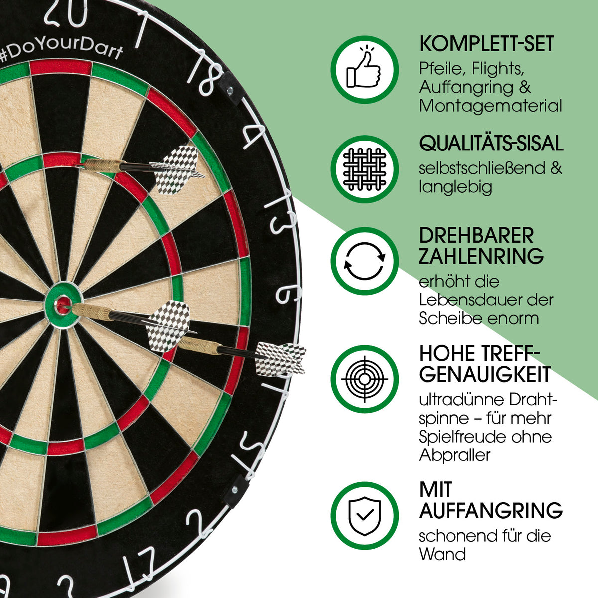 Dartscheibe + Dart-Beleuchtung als Infografik mit Auffangring, drehbarem Zahlenring und selbstschließendem Sisal