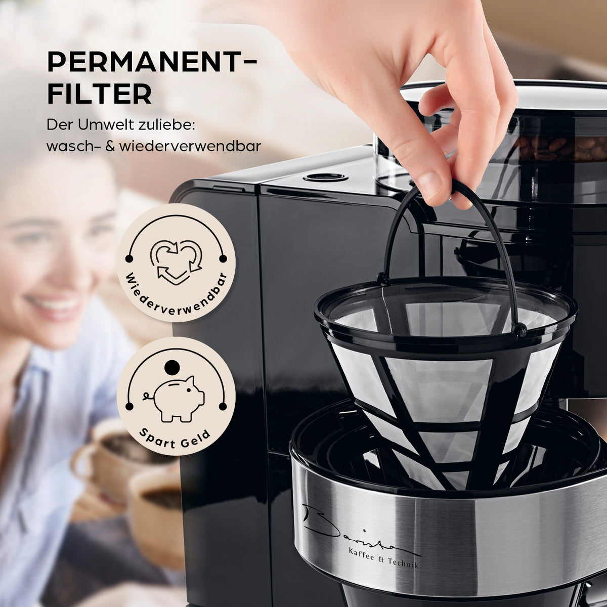 Filterkaffeemaschine Touch Iso mit Mahlwerk Schwarz mit waschbarem Permanentfilter, umweltfreundlich und kostensparend.