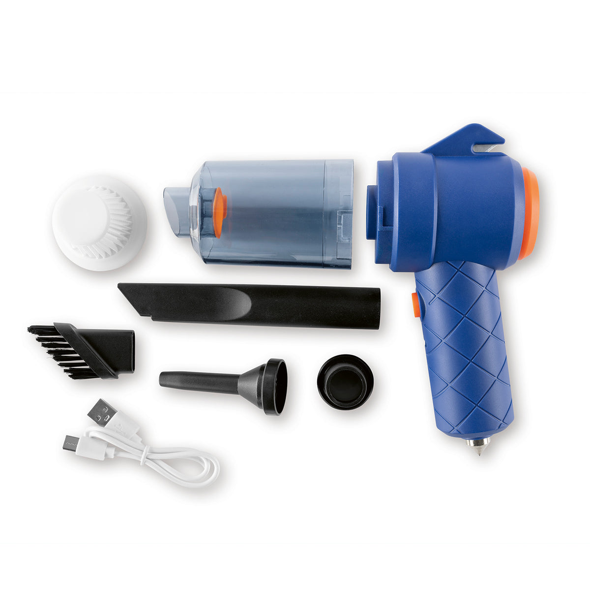 3-in-1-Akkusauger - Blau/Orange mit Staubbehälter, Fugendüse, Bürstenaufsatz und USB-Ladekabel
