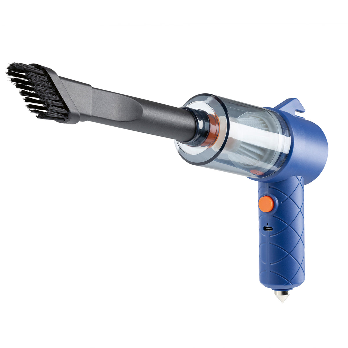 3-in-1-Akkusauger - Blau/Orange mit aufgesetzter Bürstendüse und transparentem Staubbehälter