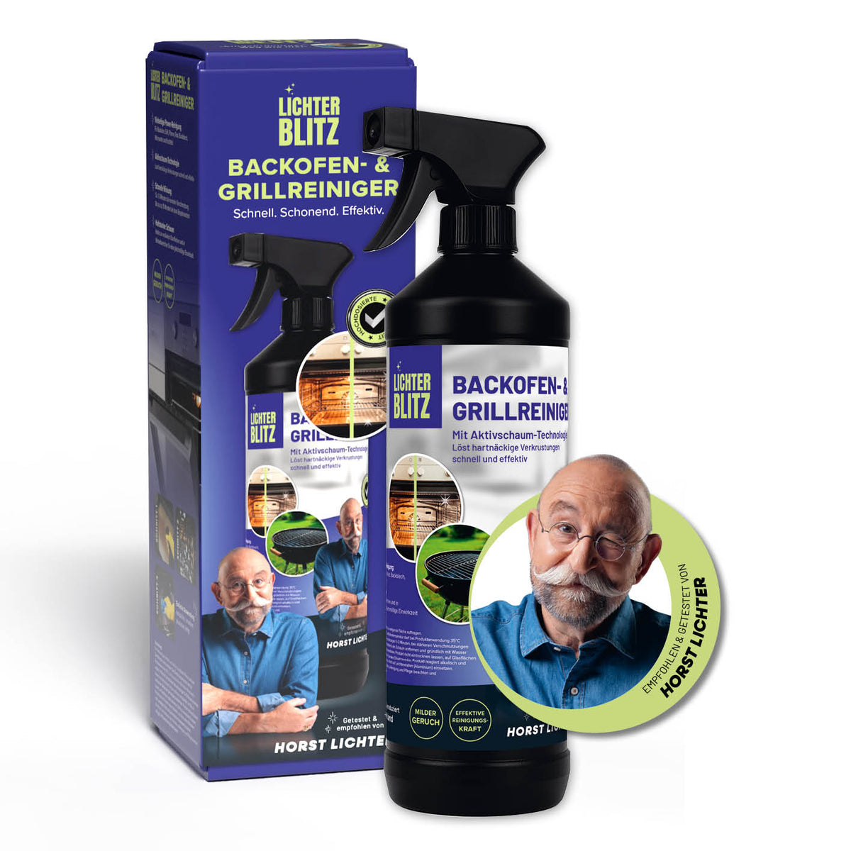 Backofen & Grillreiniger - 750 ml mit Aktivschaum, zeigt Verpackung und Flasche im quadratischen Format, Galerieposition 1.