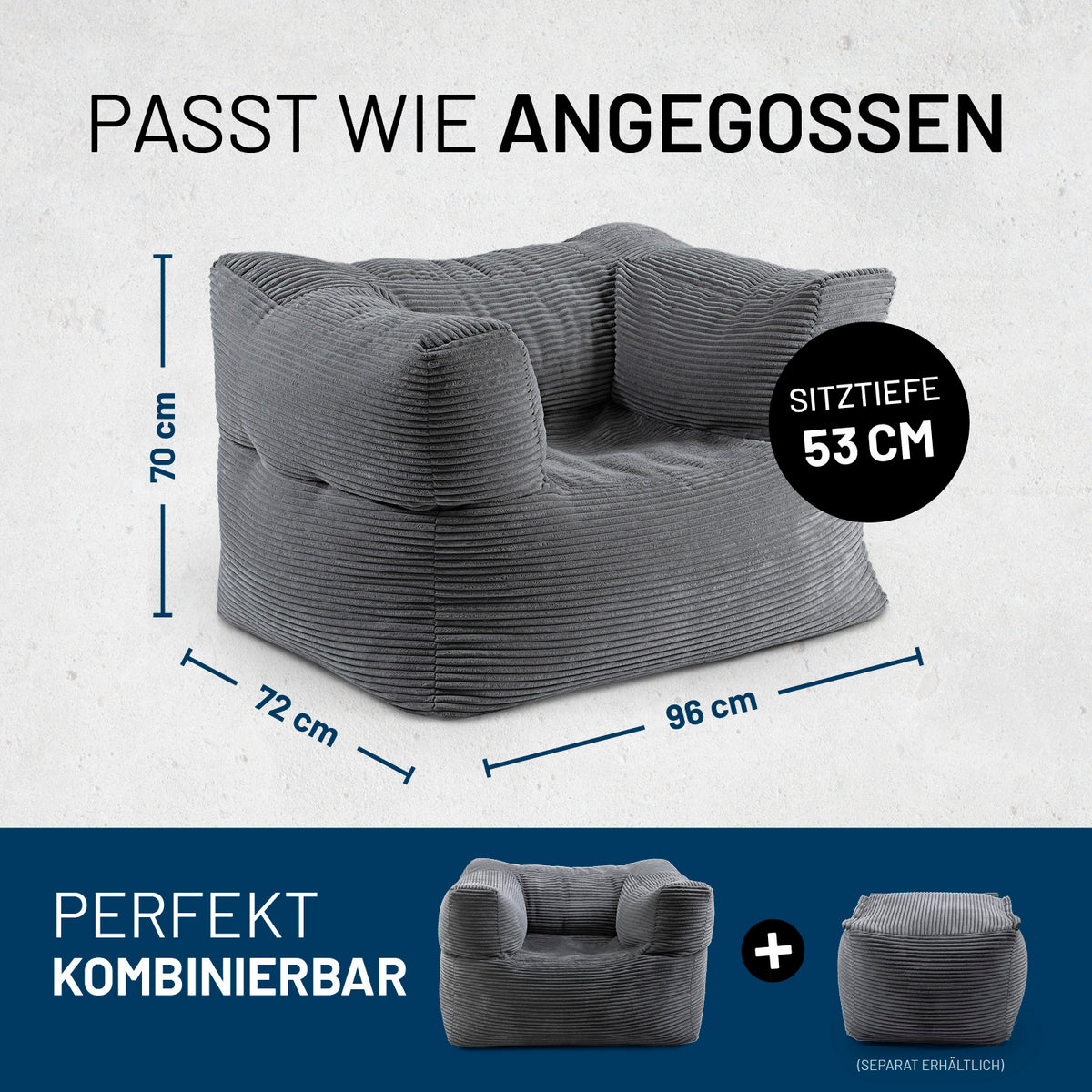 Modularer Sessel aus der LUMALAND Cord-Reihe - 400 L - 96 x 72 x 70 cm - Grau mit 53 cm Sitztiefe und kombinerbarem Design.