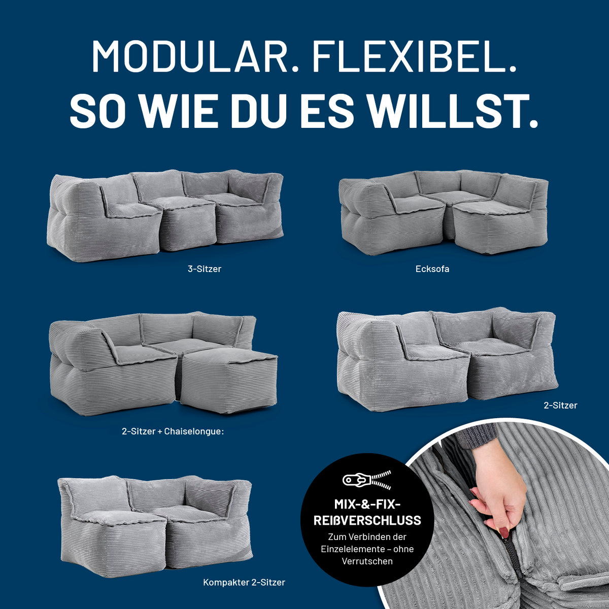 Modulares Eckteil links aus der LUMALAND Cord-Reihe - 340 L - 81 x 81 x 70 cm - Grau mit flexiblem Mix-&-Fix-Reißverschluss.