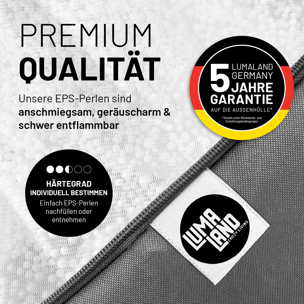 Modulares Eckteil links aus der LUMALAND Cord-Reihe 340 L grau mit anschmiegsamen EPS-Perlen und 5 Jahre Garantie auf Außenhülle