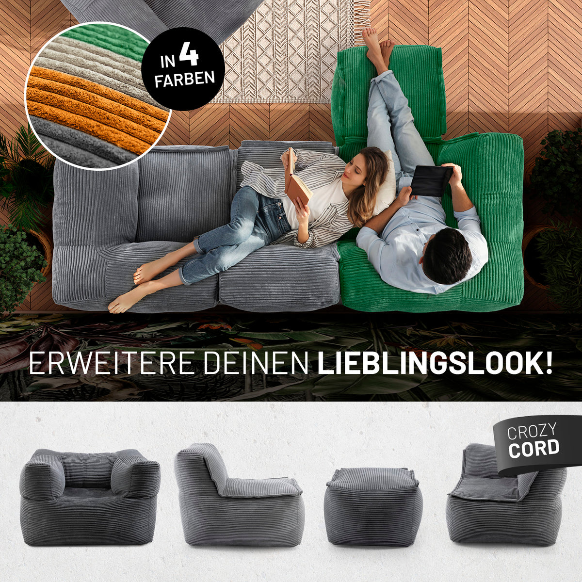 Modulares Eckteil links aus der LUMALAND Cord-Reihe 340 L 81x81x70 cm Grau in trendigem Kuschel Cord mit bequemer Polsterung.