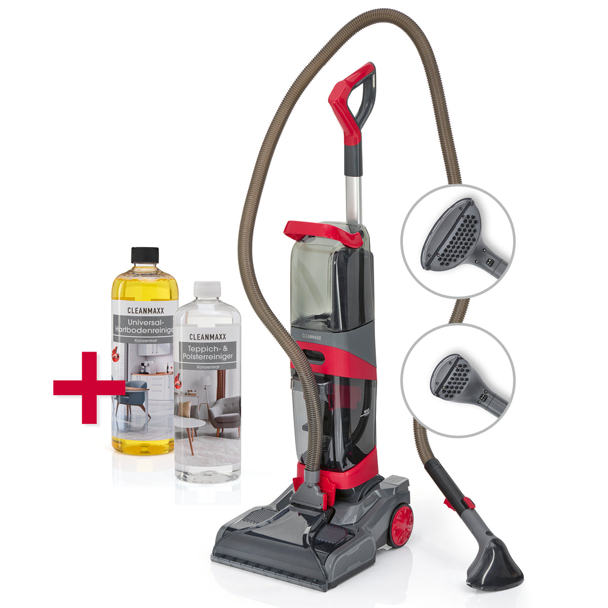AquaStream Plus DUO Teppich- und Hartbodenreiniger mit Zubehörschlauch und zwei Reinigungsmitteln für vielseitige Bodenpflege.