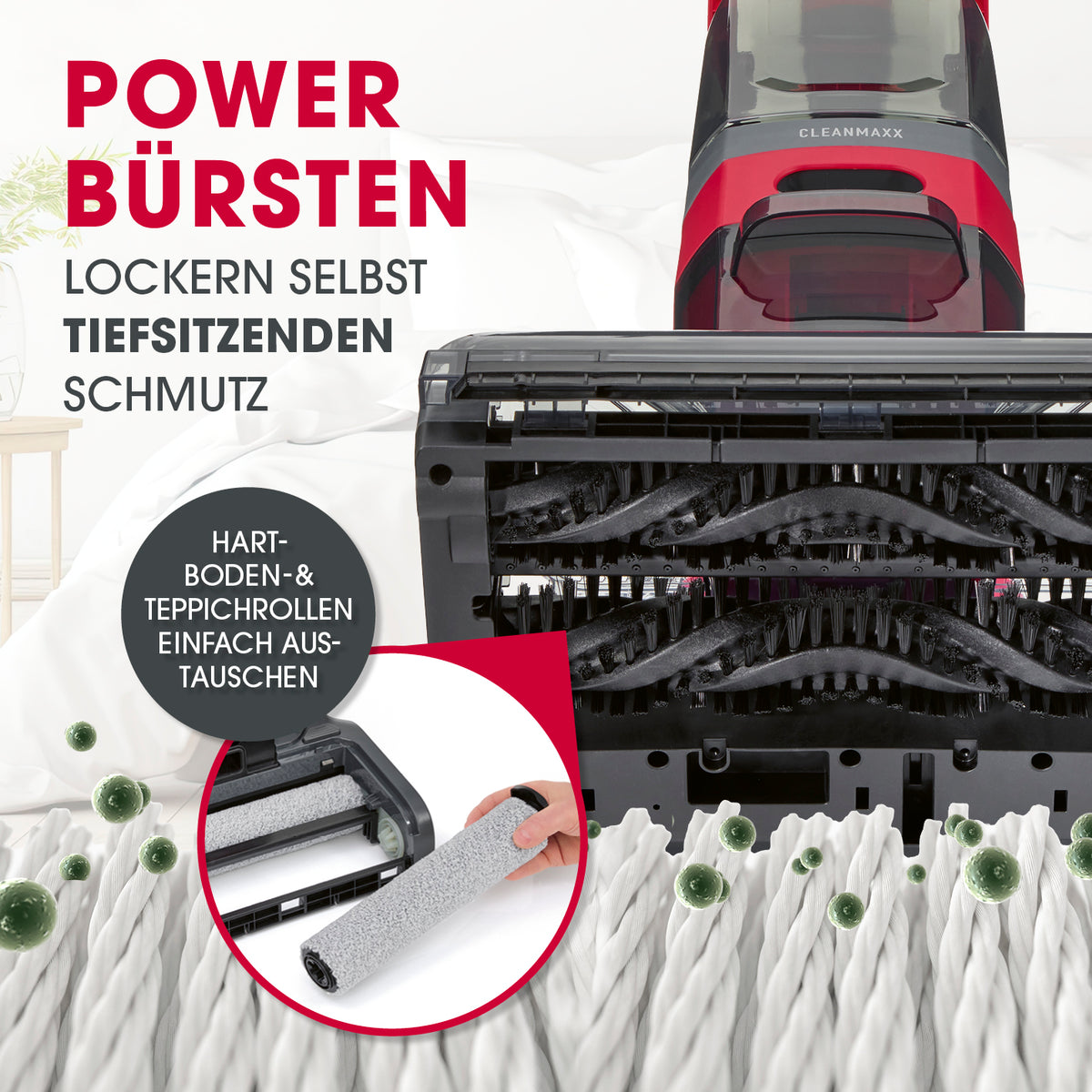 AquaStream Plus DUO Teppich- und Hartbodenreiniger mit austauschbaren Hartboden- und Teppichrollen für gründliches Lösen von tiefsitzendem Schmutz.