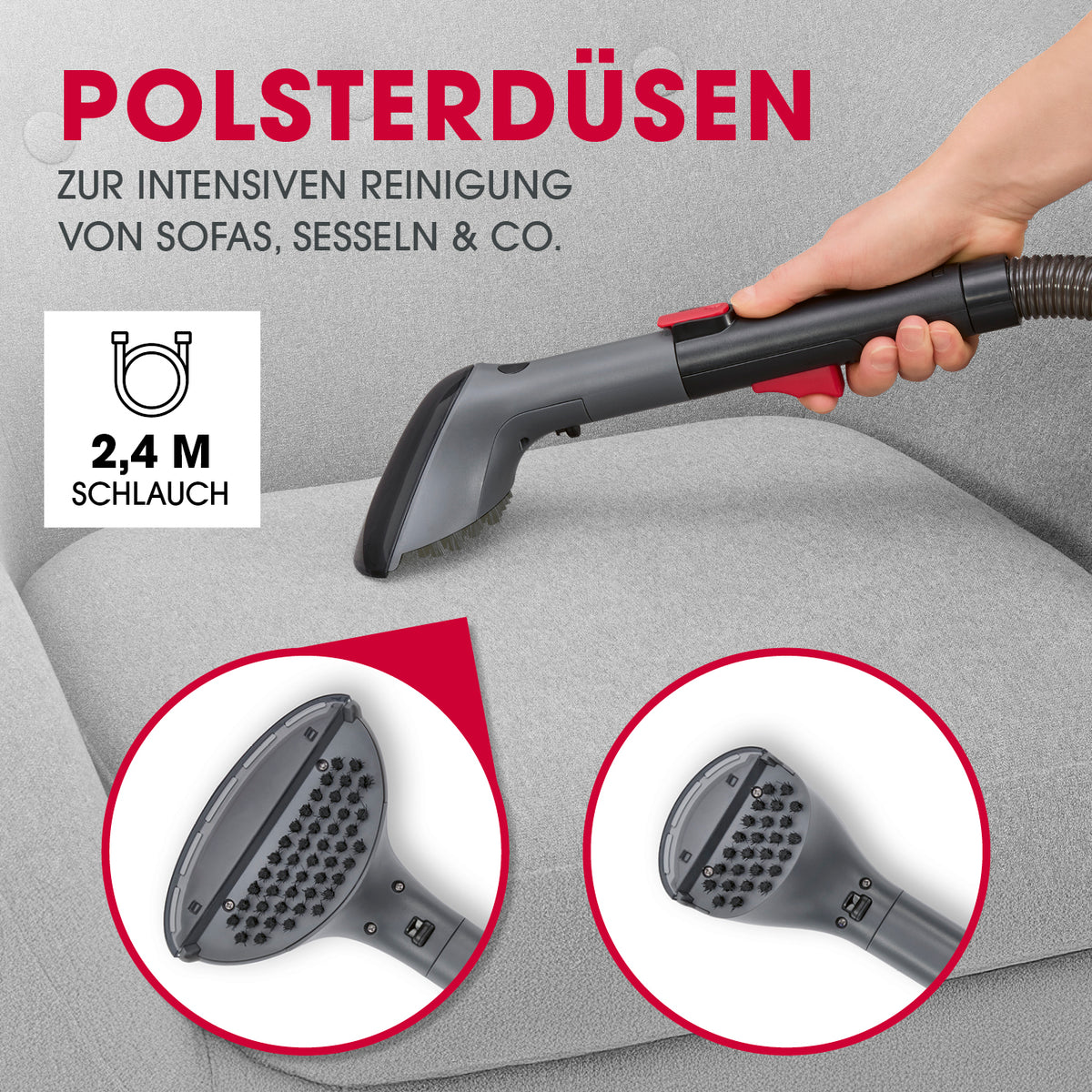 AquaStream Plus DUO Teppich- und Hartbodenreiniger mit Polsterdüse und flexiblem 2,4 m Schlauch für gründliche Reinigung von Sofas und Sesseln.