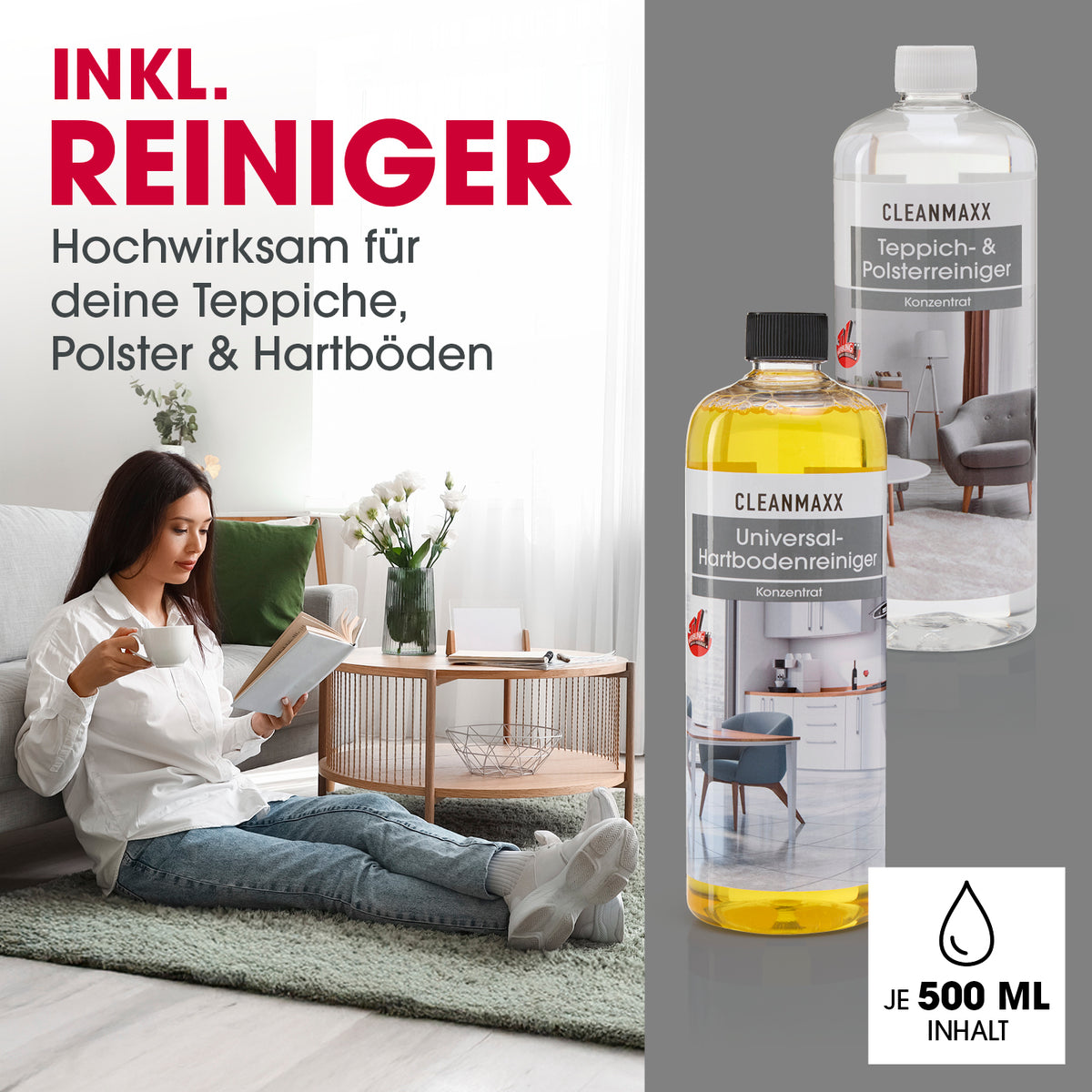 AquaStream Plus DUO Teppich- und Hartbodenreiniger mit zwei 500-ml-Reinigern für Teppiche, Polster und Hartböden in modernem Wohnraum.