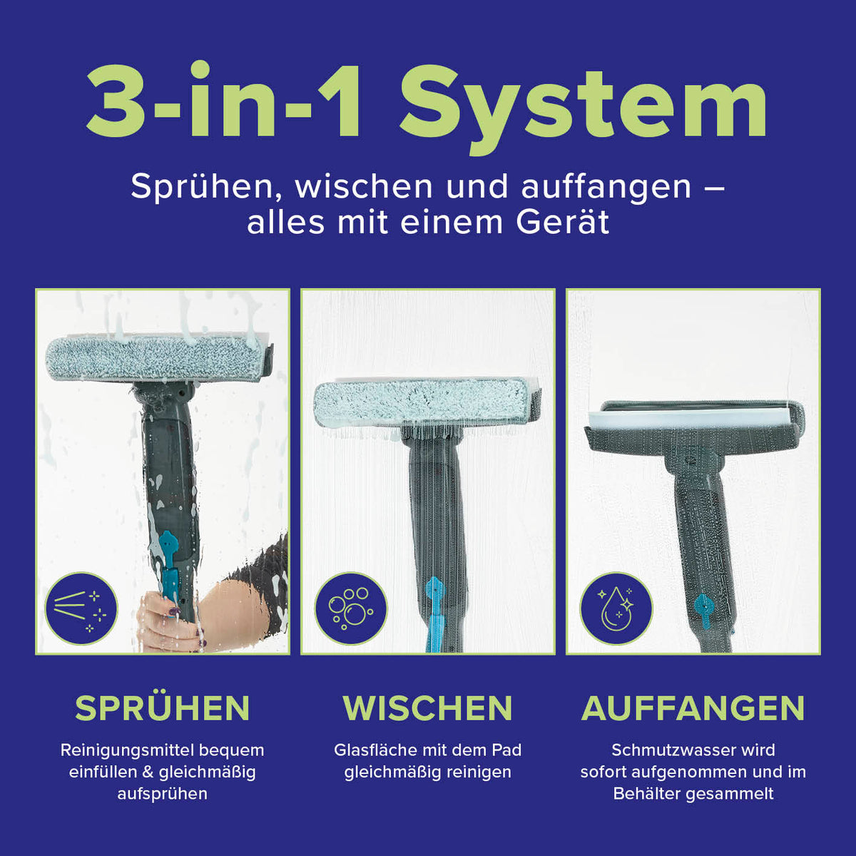 Fensterreiniger 3-in-1 zeigt Sprüh-, Wisch- und Auffangfunktion für effiziente und zeitsparende Fensterreinigung in einem Gerät.