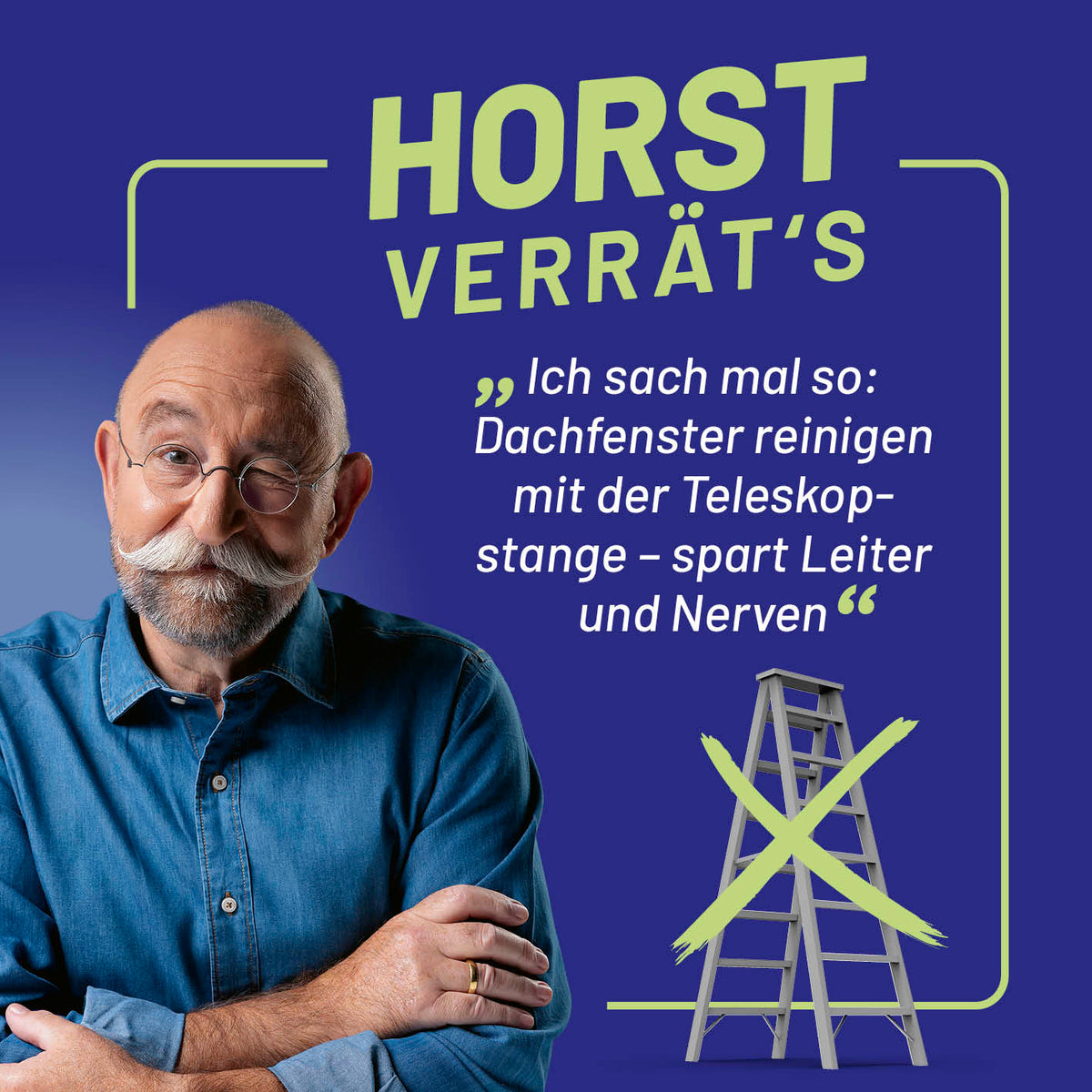 Mann empfiehlt Fensterreiniger 3-in-1 mit Teleskopstange zum Dachfensterputzen ohne Leiter und Nervenstress.