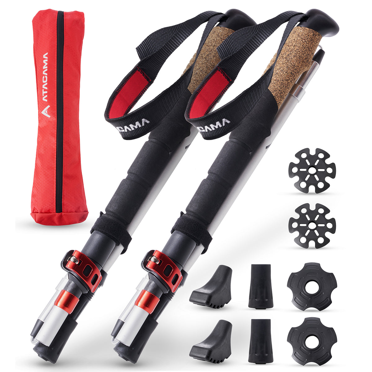 Teleskop Wanderstöcke - faltbar - CarbonMix - 63 cm /135 cm mit ergonomischem Korkgriff und Gummipuffer-Set für vielseitige Einsätze.