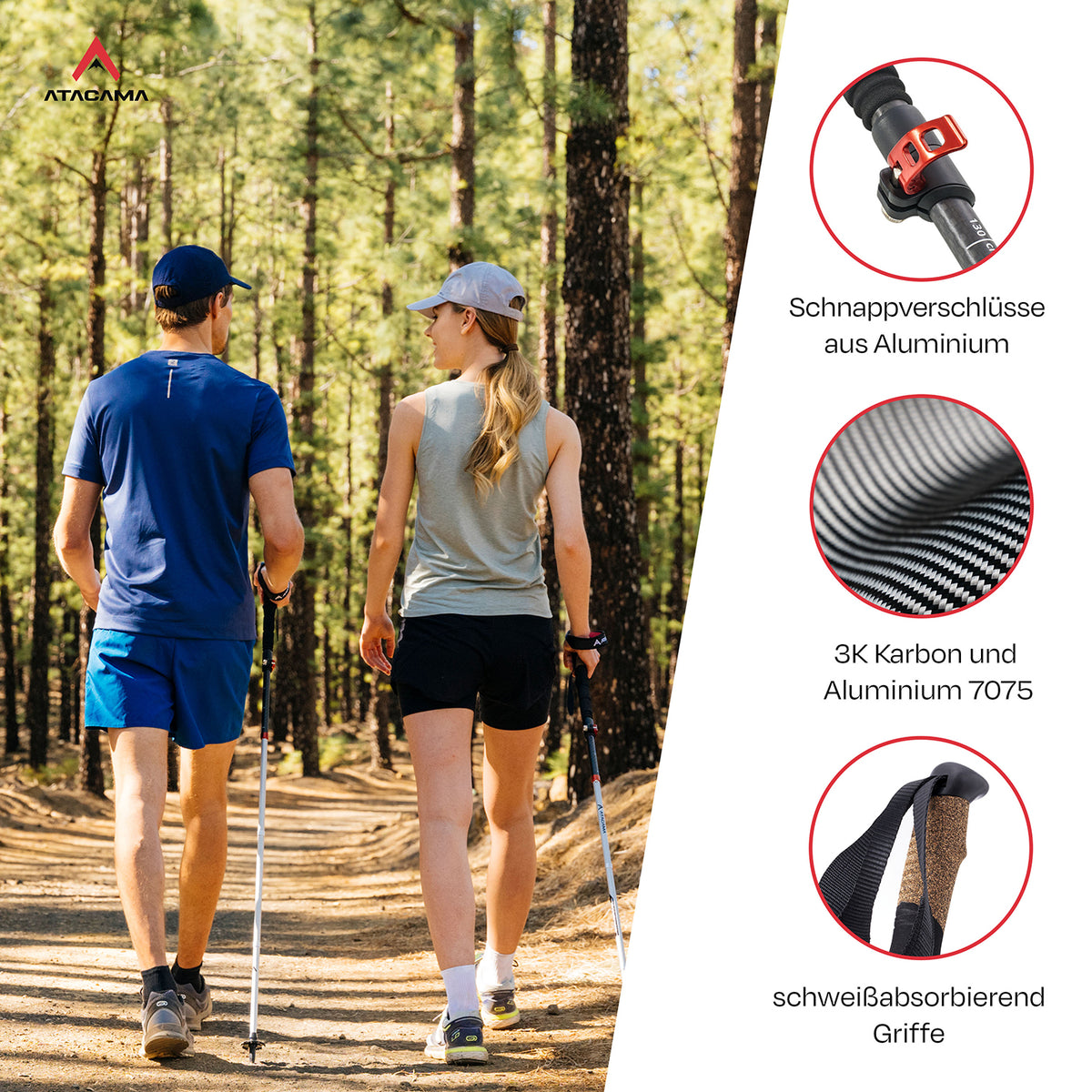 Teleskop Wanderstöcke - faltbar - CarbonMix - 63 cm /135 cm mit leichtem Carbon, Aluminium, verstellbar und ergonomischen Griffen für Outdoor-Touren.
