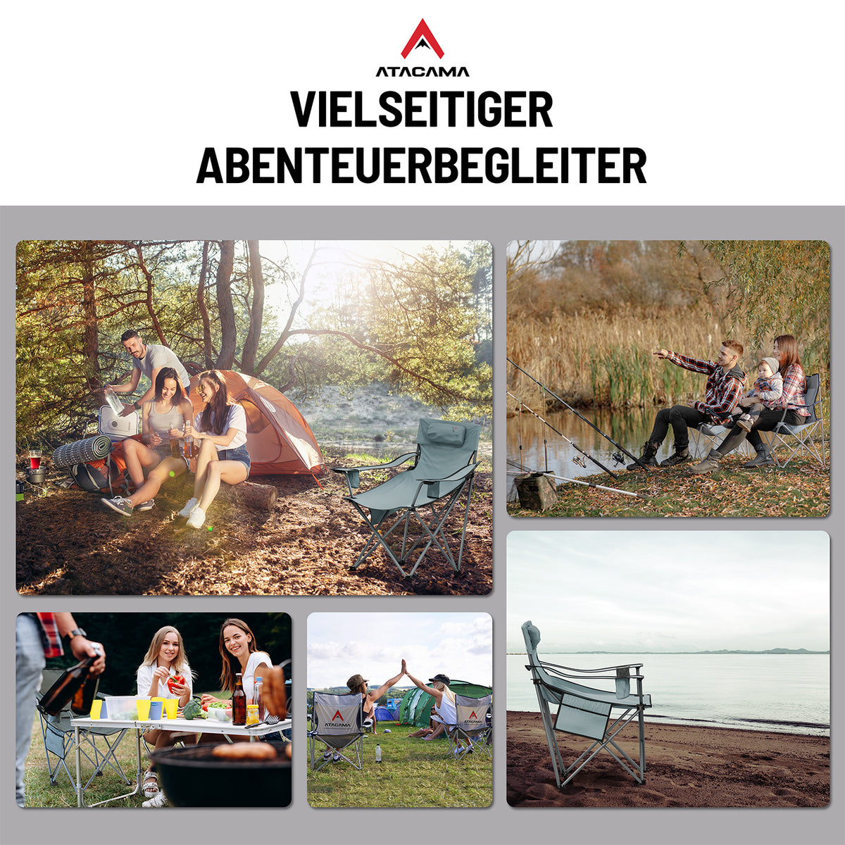 Campingstuhl mit Getränkehalter - Grau beim Camping und Angeln in verschiedenen Outdoor-Szenen