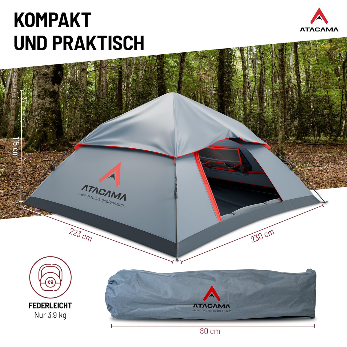 Wurfzelt - 3 Personen - Dunkelgrau-Rot, leichtes Kuppelzelt mit kompaktem Packmaß, ideal für Ausflüge und Camping im Wald.