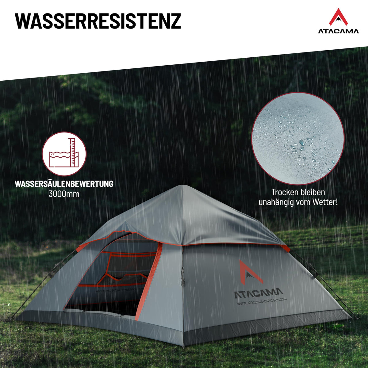 Wurfzelt - 3 Personen - Dunkelgrau-Rot mit 3000mm Wassersäule, schützt zuverlässig bei Regen und hält Innenraum trocken.