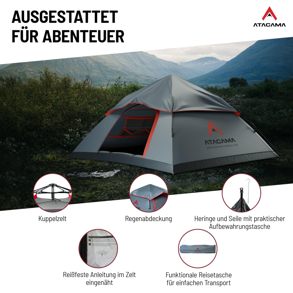 Wurfzelt - 3 Personen - Dunkelgrau-Rot mit Kuppelzelt-Design, integrierter Regenabdeckung, praktischer Aufbewahrungstasche und robuster Anleitung im Zelt.