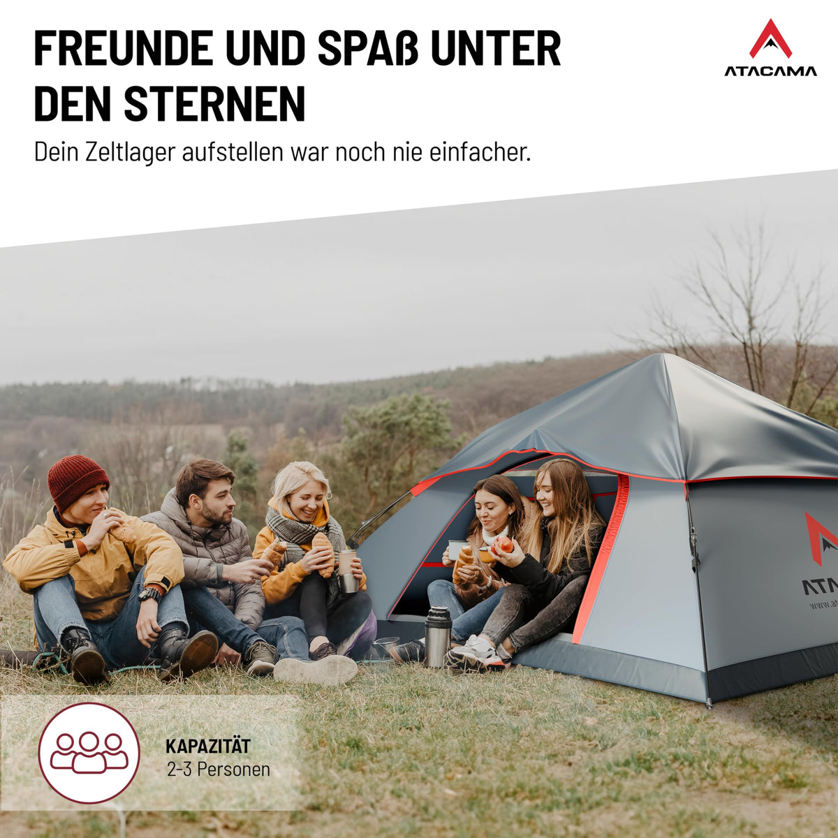 Wurfzelt - 3 Personen - Dunkelgrau-Rot mit schneller Aufbauhilfe, großzügigem Innenraum und praktischem Design für entspannte Outdoor-Abende.