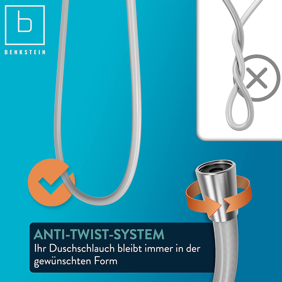 Brauseschlauch - 2 m mit Anti-Twist-System, Knickschutz und vormontierten Anschlüssen, Made in Germany für maximale Stabilität.