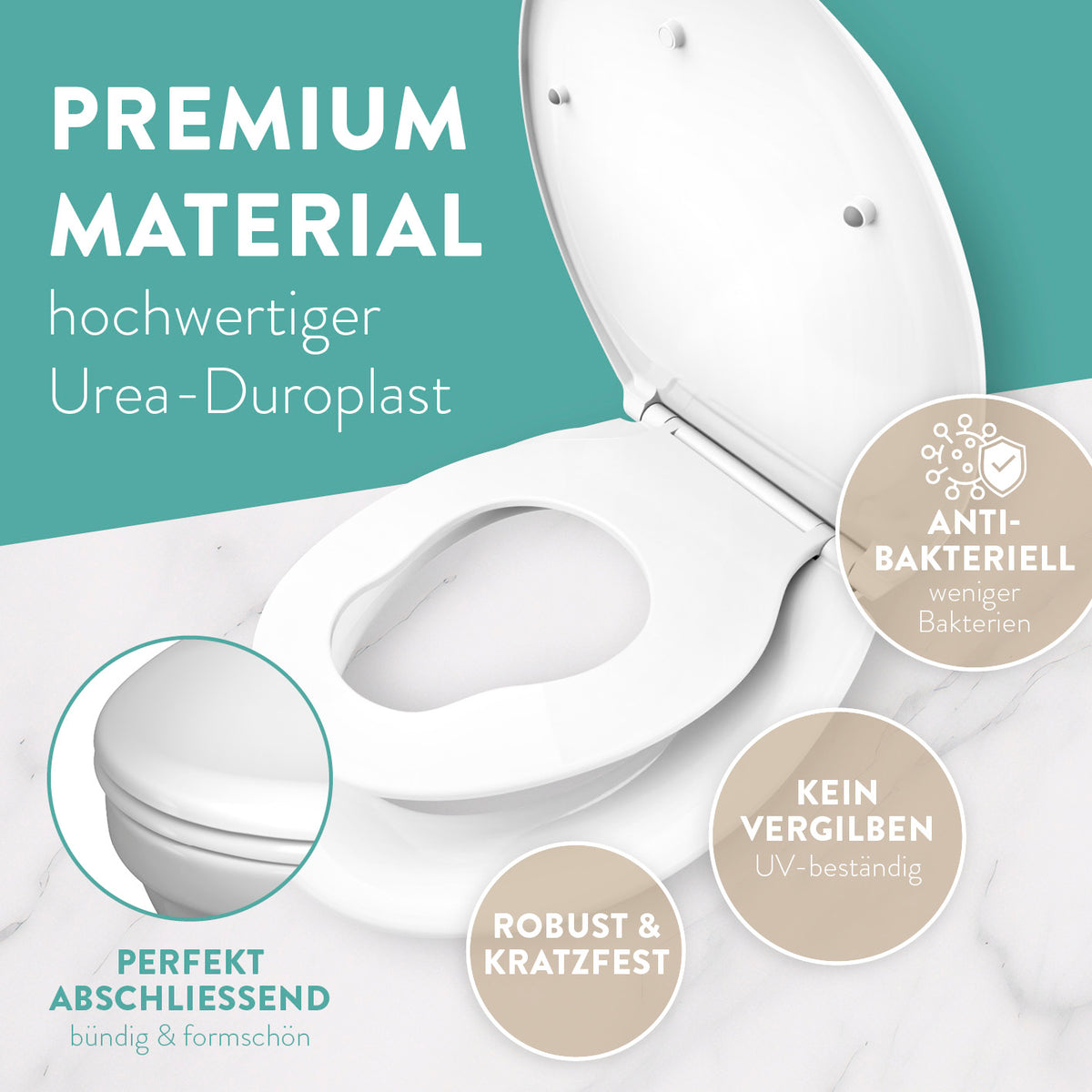 Kinder-Toilettendeckel - Weiß aus robustem Urea-Duroplast, antibakteriell, UV-beständig und formschön bündig abschließend.