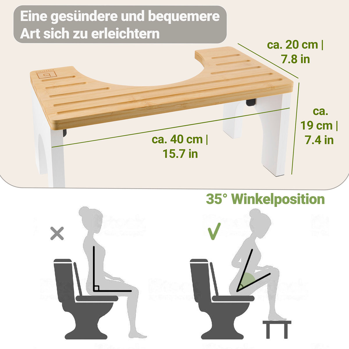 Bambus-Toilettenhocker mit rutschfester Oberfläche zur gesunden Darmhaltung und optimaler 35° Winkelposition beim Sitzen.
