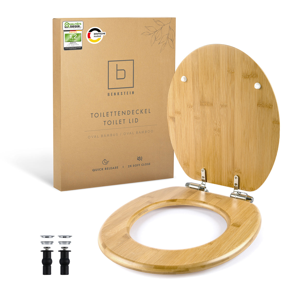 Premium Bambus-WC-Sitz - oval mit Holzoptik, Soft-Close, Quick-Release und rostfreien Beschlägen, passend für Standard-Toiletten.