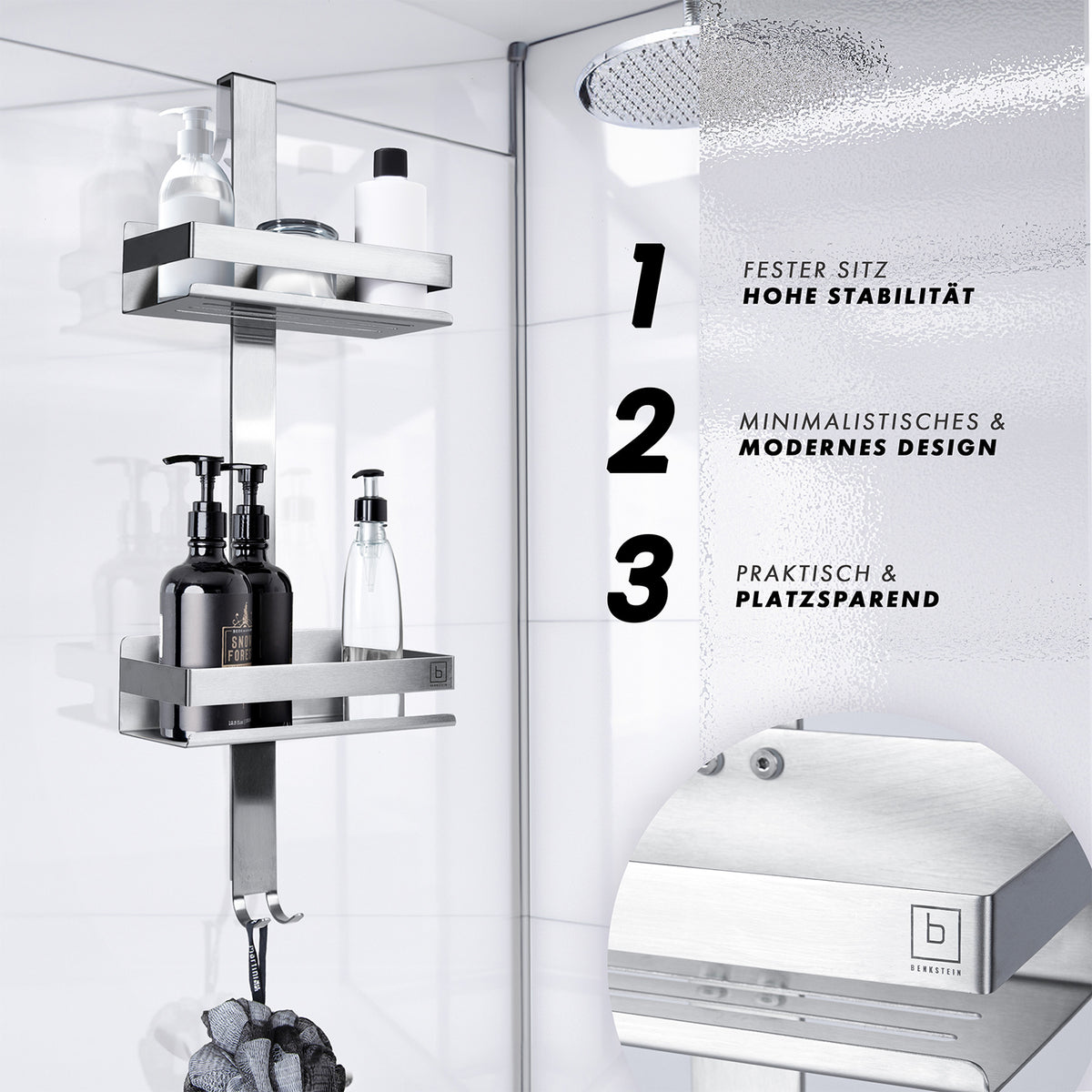 Dusch-Organizer - Edelstahl mit 2 Ablagen, 4 Haken, rostfreiem Material und modernem, platzsparendem Design für rahmenlose Glasduschen.