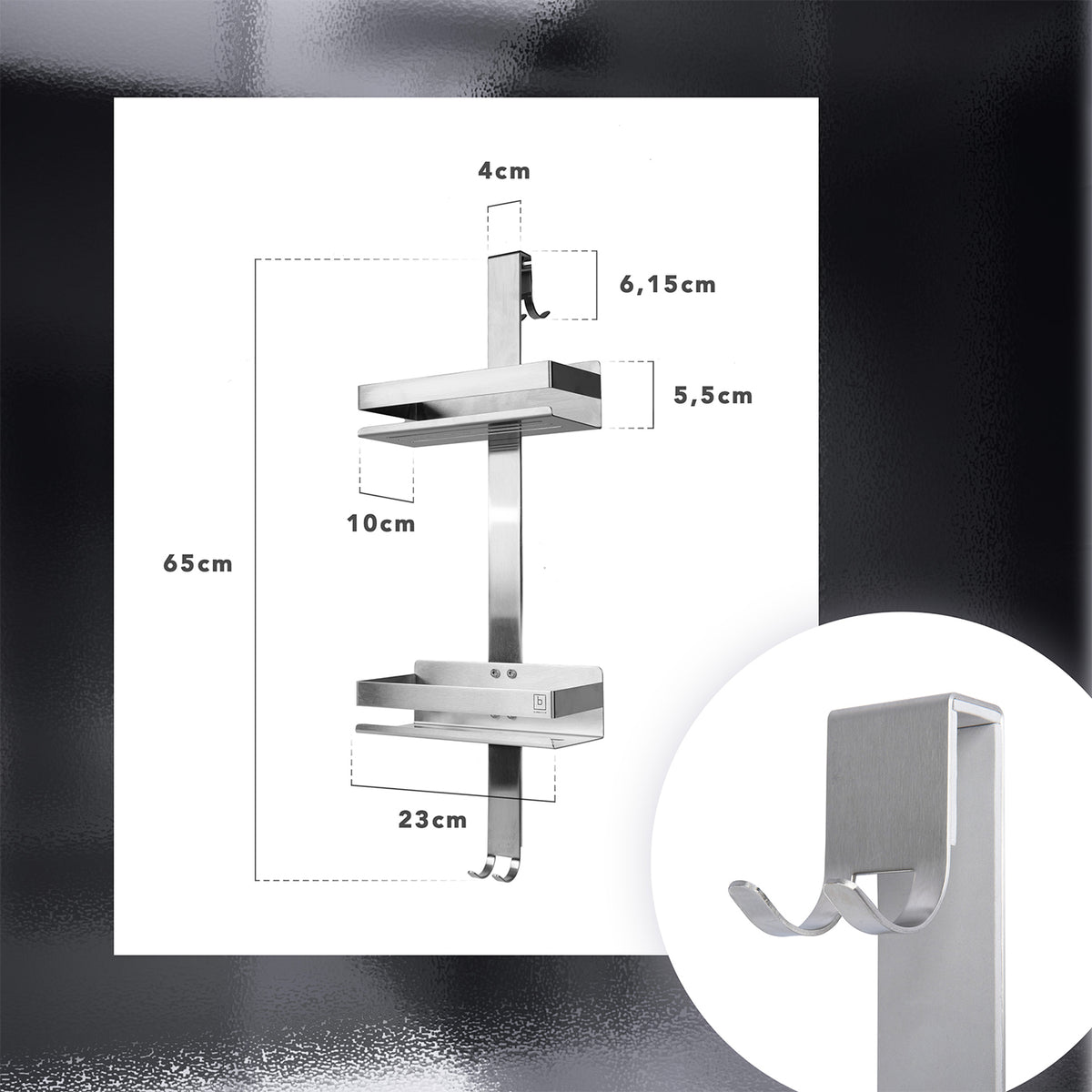 Dusch-Organizer - Edelstahl mit 2 Ablagefächern, 4 Haken, passend für rahmenlose Glasduschen bis 18 mm Stärke.